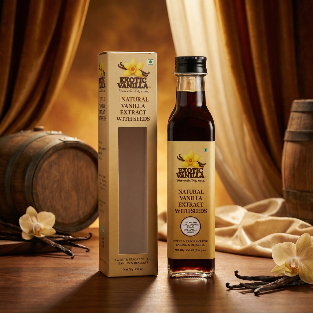 Exotic Vanilla Pure Vanilla Extract with Seeds, 250 ml (335 g) | Made with Real Madagascar Vanilla Beans | Alcohol-Free | Natural, Gluten Free, Non-GMO | For Baking & Cooking