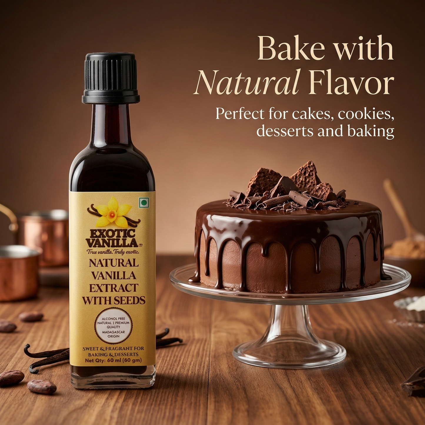 Exotic Vanilla Pure Vanilla Extract with Seeds, 60 ml (80 g) | Made with Real Madagascar Vanilla Beans | Alcohol-Free | Natural, Gluten Free, Non-GMO | For Baking & Cooking
