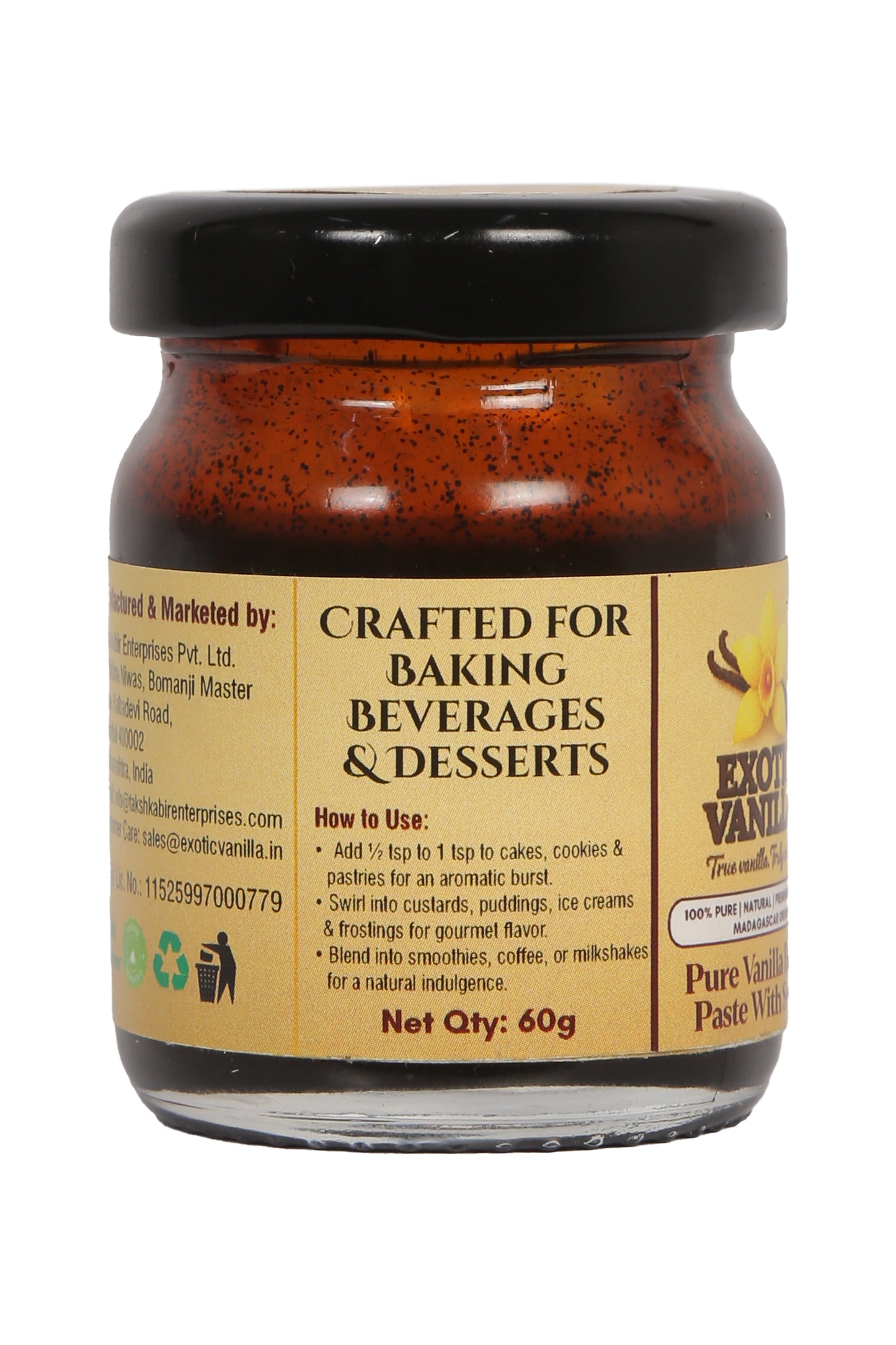 Exotic Vanilla Pure Vanilla Paste with Seeds, 60 g | Made with Real Vanilla Beans | Rich & Concentrated | Alcohol-Free | Gluten Free, Non-GMO | For Baking & Desserts