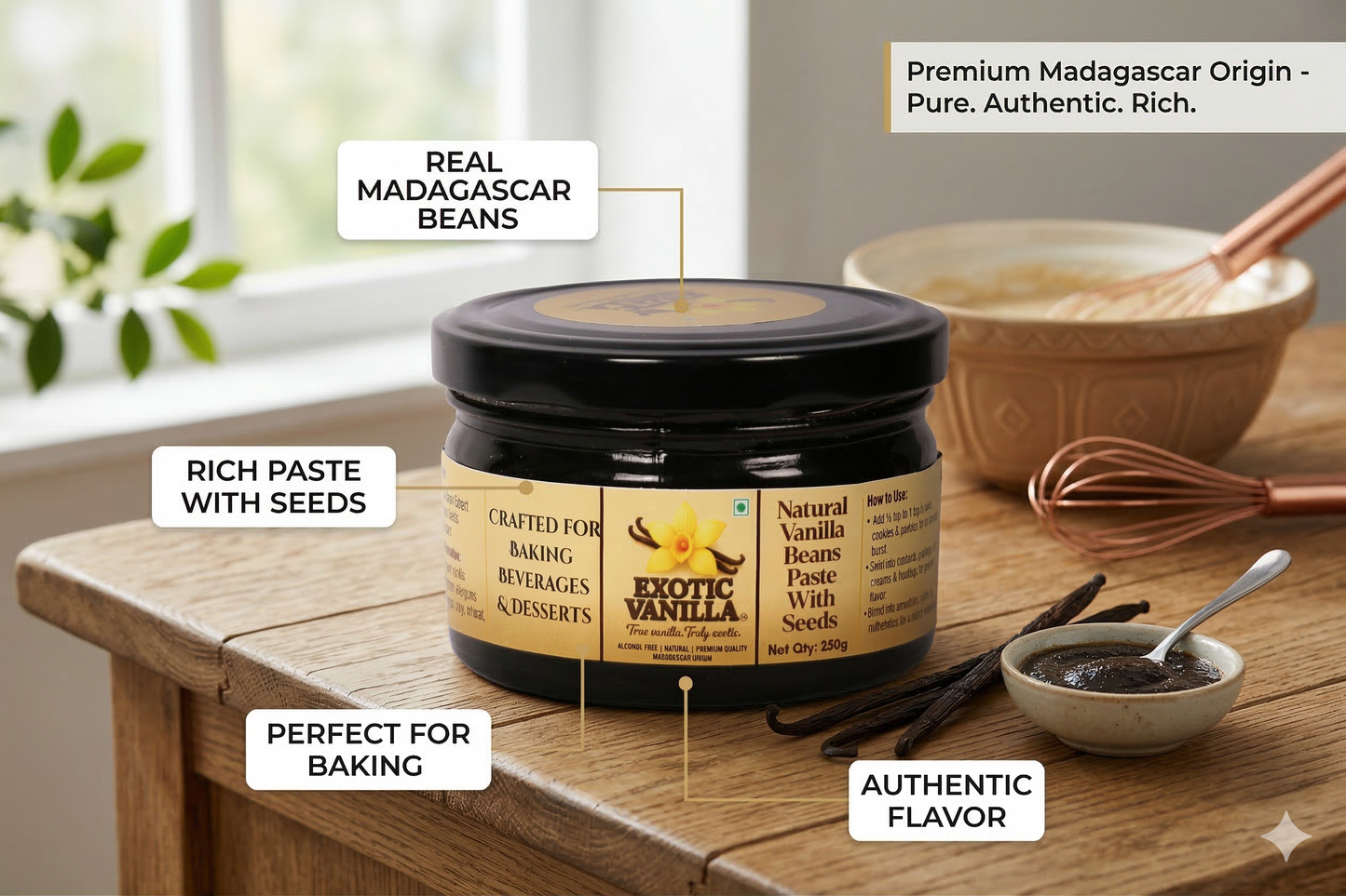 Exotic Vanilla Pure Vanilla Paste with Seeds, 250 g | Made with Real Vanilla Beans | Rich & Concentrated | Alcohol-Free | Gluten Free, Non-GMO | For Baking & Desserts