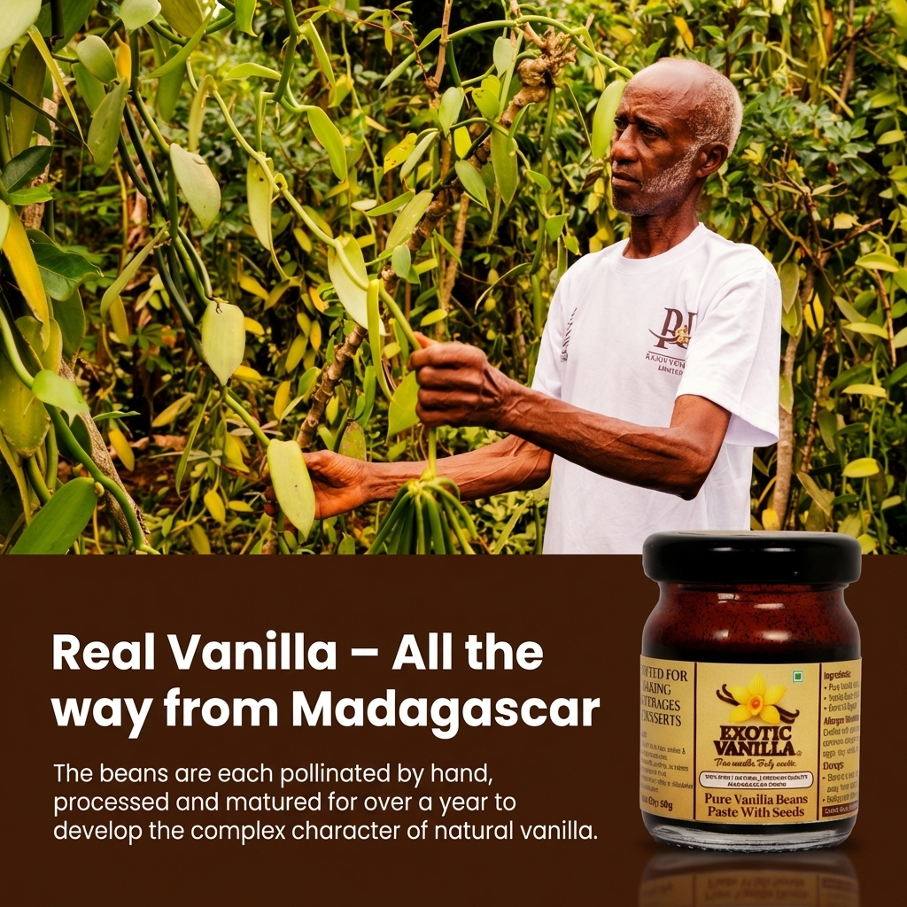 Exotic Vanilla Pure Vanilla Paste with Seeds, 60 g | Made with Real Vanilla Beans | Rich & Concentrated | Alcohol-Free | Gluten Free, Non-GMO | For Baking & Desserts